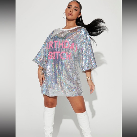Fashion Nova Dresses & Skirts - Fashion Nova Birthday B***h Sliver Sequin Mini Dress